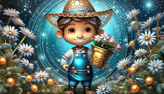 3D Render of Little farmer with flower pot