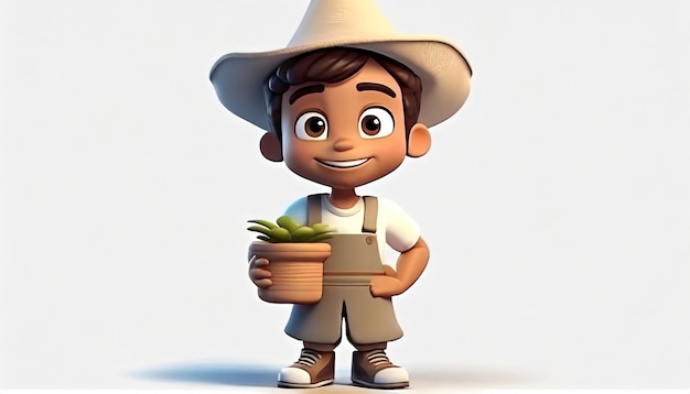 Photo 3d render of little farmer with flower pot