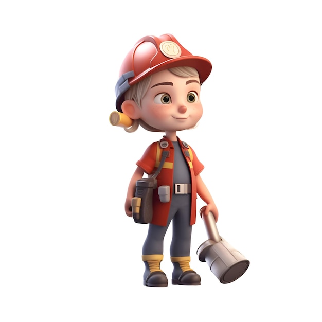 3D Render of a Little Firefighter with a fire extinguisher