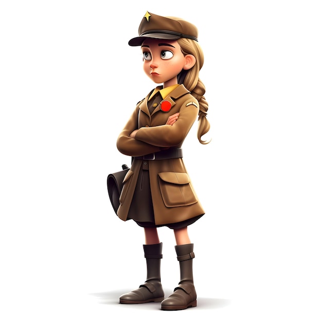 3D Render of Little Girl in Army Costume with Crossed Arms