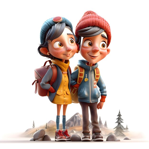 3D Render of a Little Girl and Boy with Backpacks in the Mountains