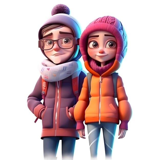 3D Render of a Little Girl and Boy with Winter Clothes