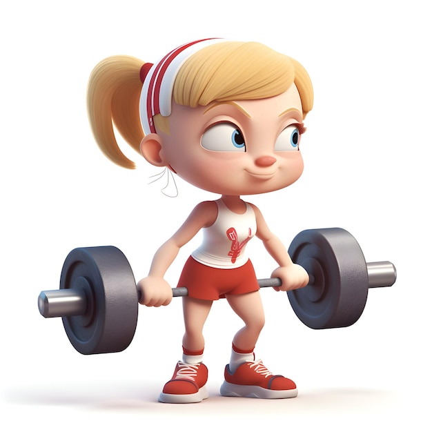 Photo 3d render of a little girl lifting a barbell isolated on white background