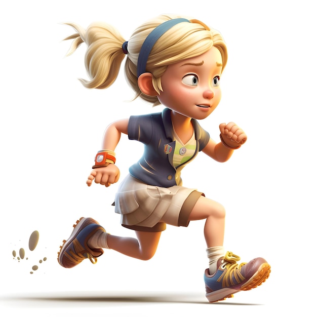 3D Render of a Little Girl Running on White Background with Clipping Path