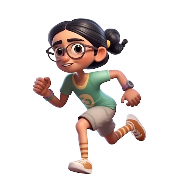 3D Render of a Little Girl running with glasses isolated on white background