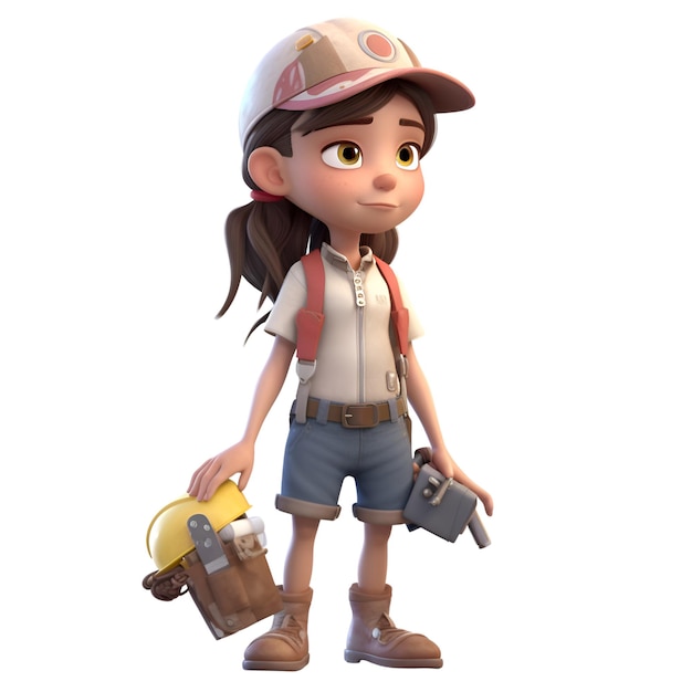 3D Render of a Little Girl with Backpack and Toolbox