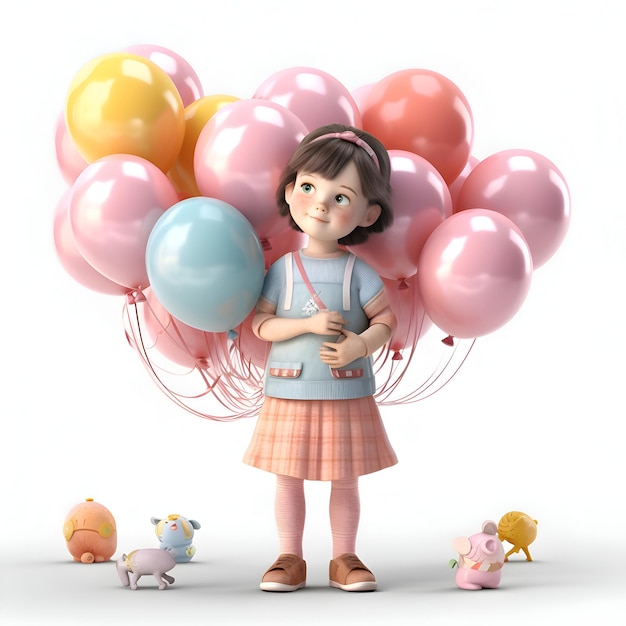 3D Render of a Little Girl with Balloons and Teddy Bears