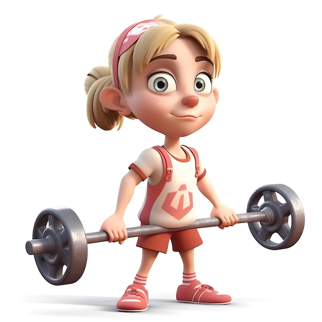 3D Render of Little Girl with barbell weight on white background