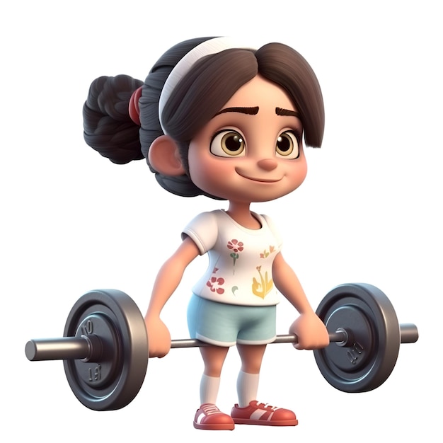 3D Render of Little Girl with barbell on white background no shadow