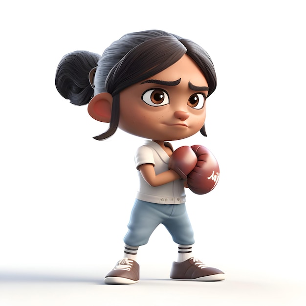 3D-рендер маленькой девочки с боксерскими перчатками на белом фоне