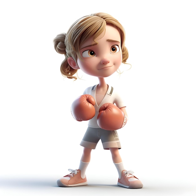 3D Render of a Little Girl with Boxing Gloves on White Background