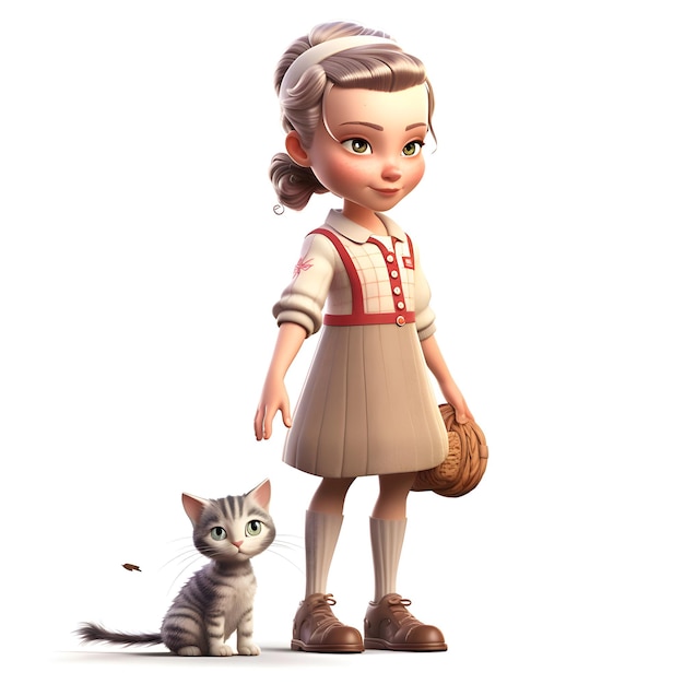 3D Render of a Little Girl with cat isolated on white background