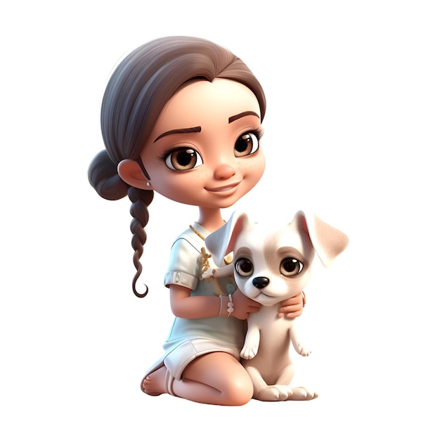 3D Render of Little Girl with puppy isolated on white background