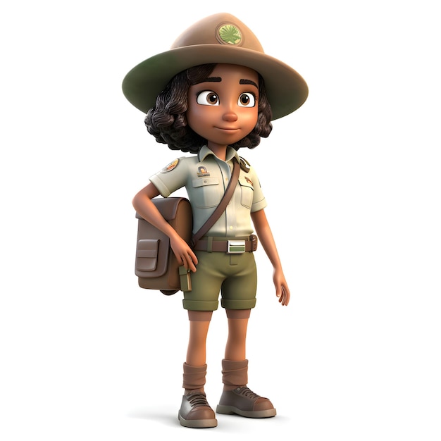 3D Render of Little Girl with safari hat and scout uniform