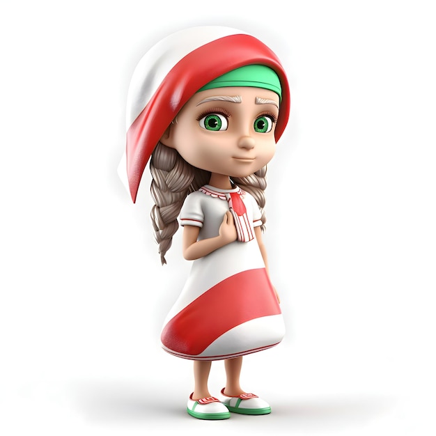 흰색 배경에 산타클로스 모자를 쓴 어린 소녀의 3D 렌더링