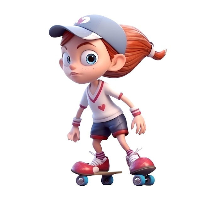 3D Render of Little Girl with skateboard isolated on white background