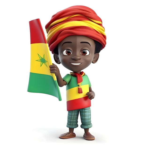 Photo 3d render of little indian boy with senegal flag on white background