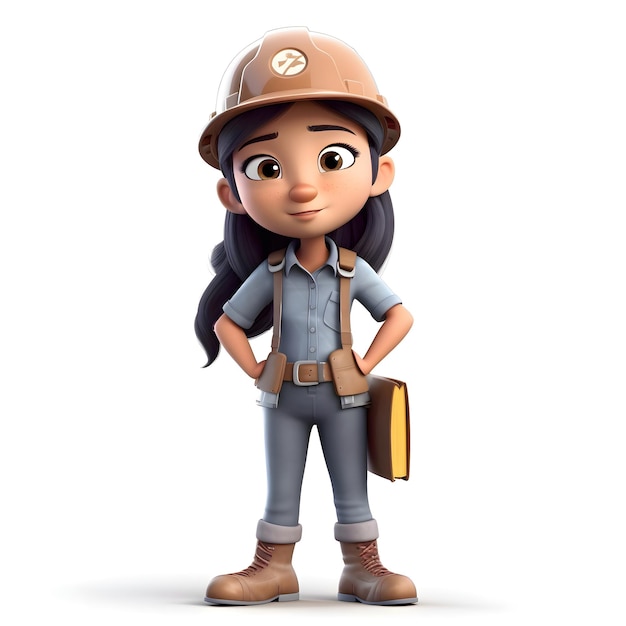 3D Render of Little mechanic girl with helmet and tool belt on white background