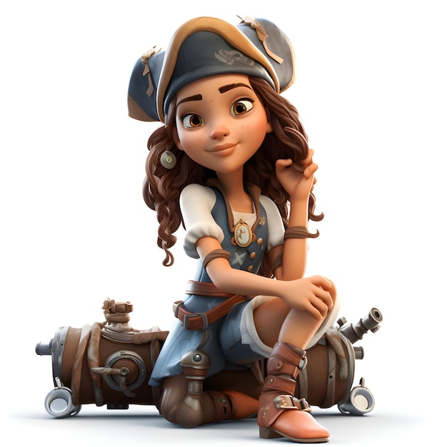 3D Render of a Little Pirate Girl sitting on a vintage motorcycle