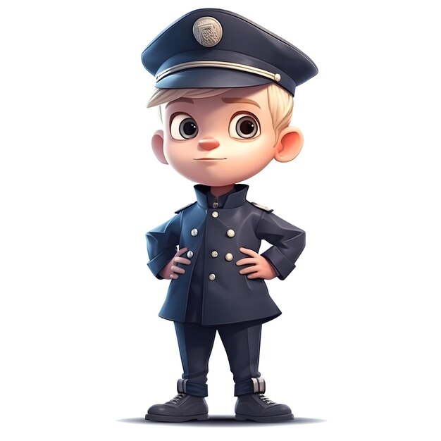 3D Render of Little Police Boy with cap and blue uniform