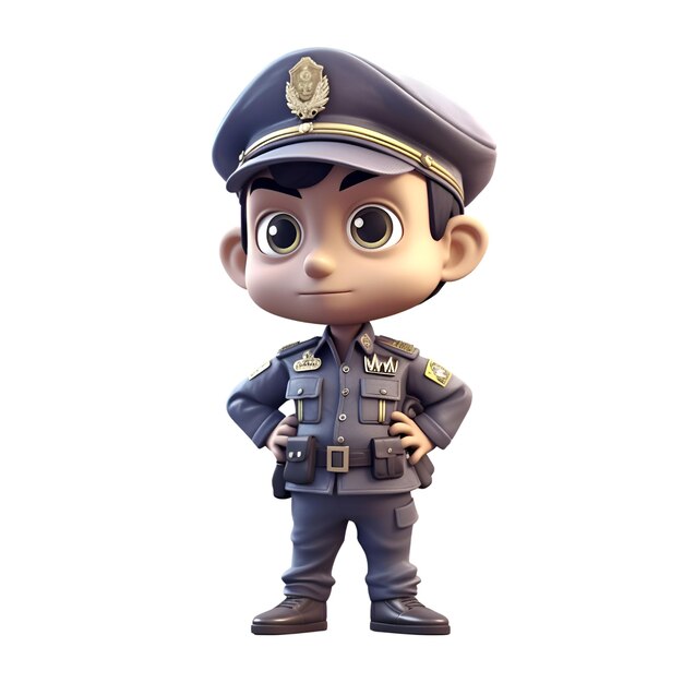 Photo 3d render of a little police boy with a cap and uniform