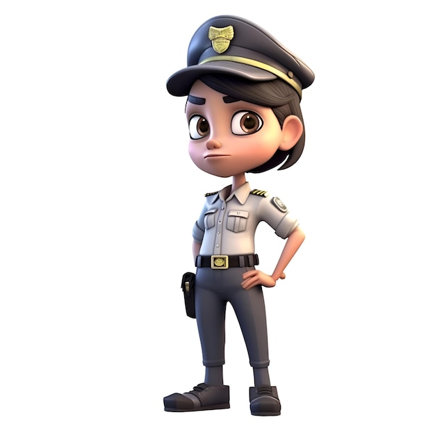 경찰 경찰관 의상 포즈와 작은 경찰 소녀의 3D 렌더링
