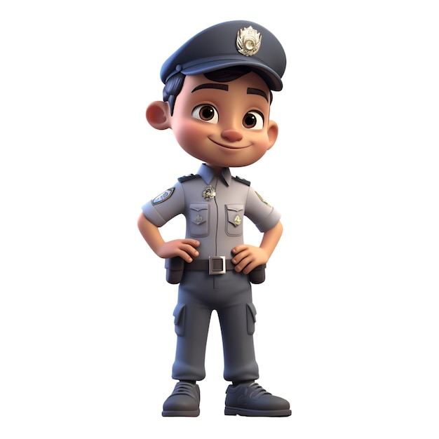 Photo 3d render of little police with white backgroundwith clipping path