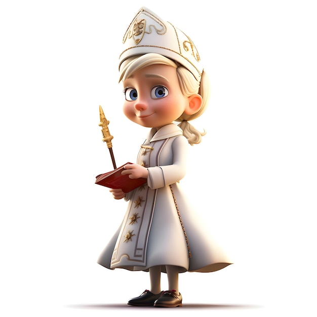3D визуализация маленькой принцессы с волшебной палочкой на белом фоне
