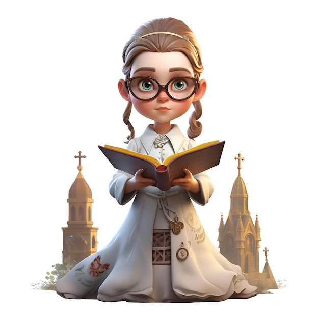 Photo 3d render of little princess with magician hat and gown with book