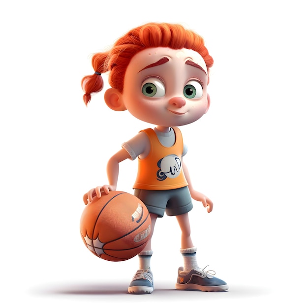 3D-рендер маленькой рыжеволосой девушки с баскетбольным мячом