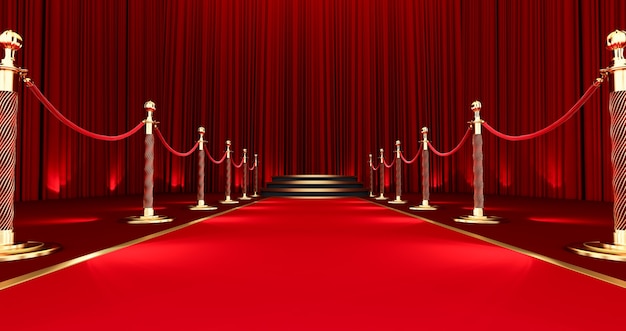 Photo 3d render of long red carpet between rope barriers, realistic red carpet and pedestal.