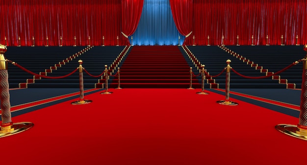 3d render of long red carpet between rope barriers with stair\
and curtain at the end. red carpet and path barriers 3d. vip\
event,