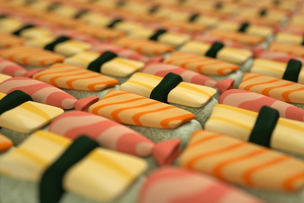 3D визуализация множества японских суши с небольшой глубиной резкости Суши-роллы, разбросанные на белом фоне