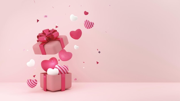 3D Render Lovely open gift box with flying heart shape balloons