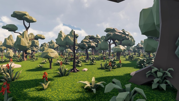 3d render low polygon background with natural landscape forest scenery