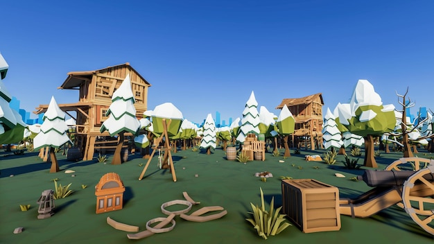 3d render low polygon background with natural landscape forest scenery