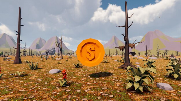 3D Render low Polygon background with natural landscape scenery and Dollar gold coin