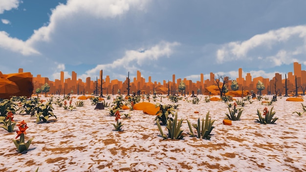 3d render low polygon background with natural landscape scenery and snow on leaves