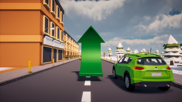 3D Render low Polygon a green arrow for showing a direction with environment in background