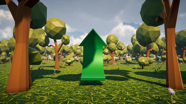 3D Render low Polygon a green arrow for showing a direction with environment in background