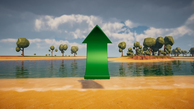 3D Render low Polygon a green arrow for showing a direction with environment in background