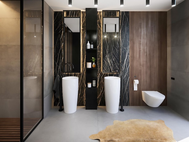 3d render luxe badkamer interieur met grote bathtup en zwart marmeren wanddecoratie