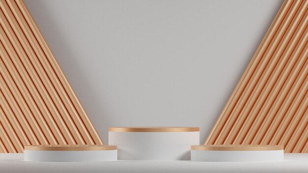 3Dレンダリング豪華な金色の表彰台は、最小限の白い幾何学的な背景を持つ空の台座を表示します