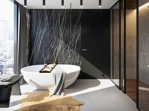 3D визуализация роскошного интерьера ванной комнаты с большой ванной и отделкой стен из черного мрамора
