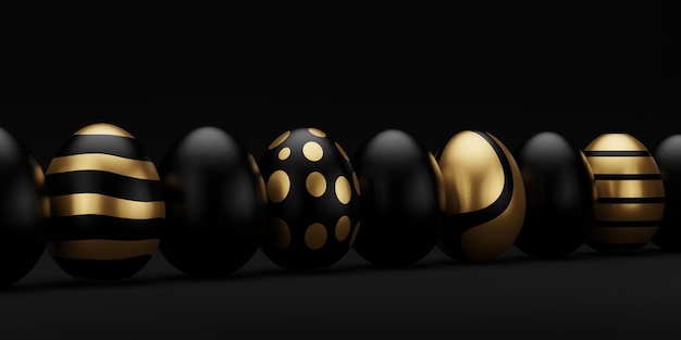 3d render luxury golden easter egg in row on dark background Elegant painted black Easter eggs with golden shiny paint Modern decoration greeting card 3D rendering illustration