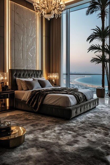 Photo 3d render of luxury hotel bedroom