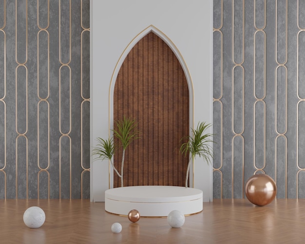 3d Render роскошный мраморный подиум с деревянной настенной панелью фона декорации