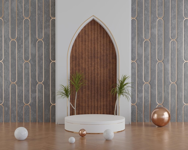 3d Render Luxury Marble Podium with Wood Wall Panel Backdrop Decoration