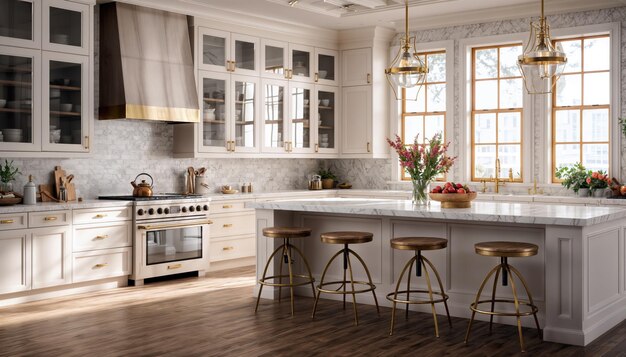 3d render of luxury modern kitchen with white walls wooden floor and white countertops with built in sink