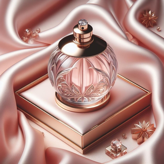 3d render luxury perfume bottle mockup isolated on silk pink cloth Mockup AI